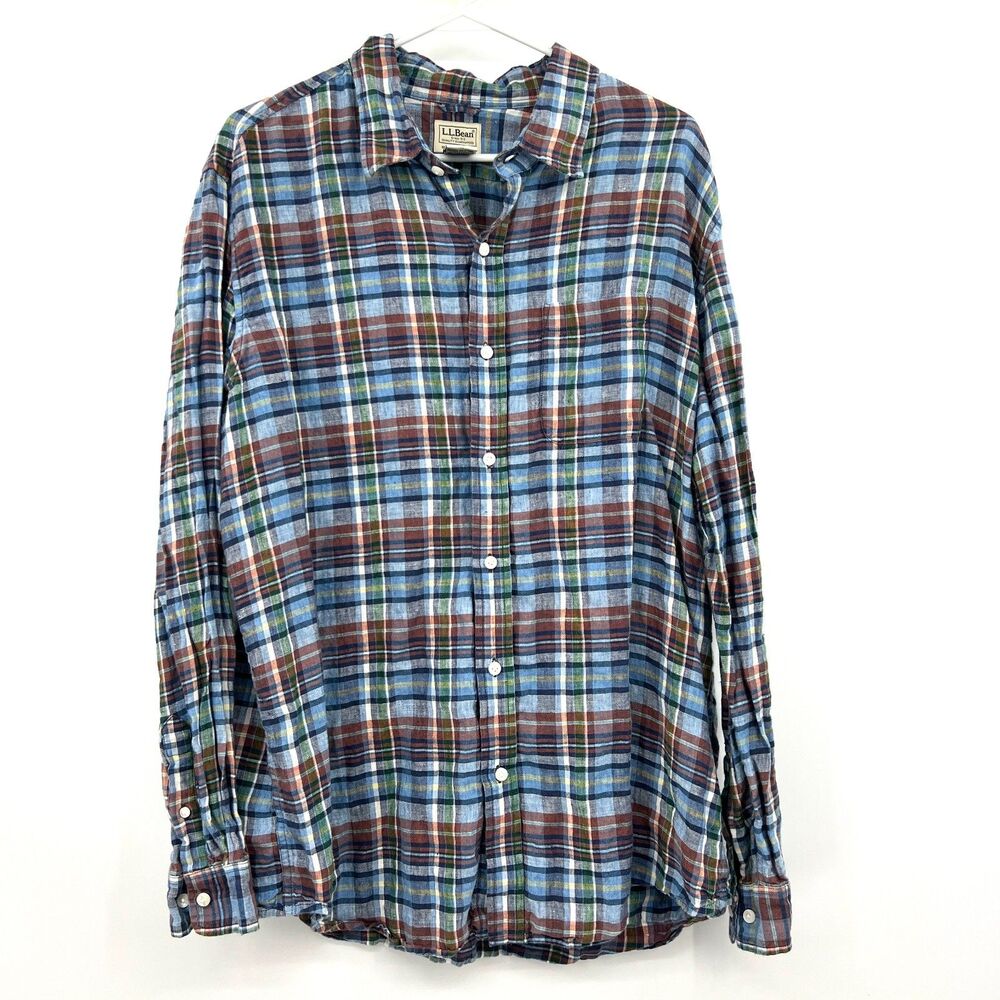 L.L. Bean Mens XL 100% Linen Plaid Button Up Shirt Slightly Fitted Long Sleeve